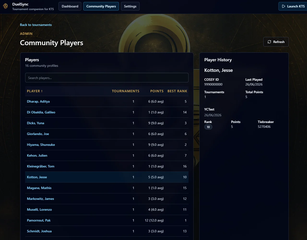 DuelSync Community Players screen showing a searchable local player database with player history