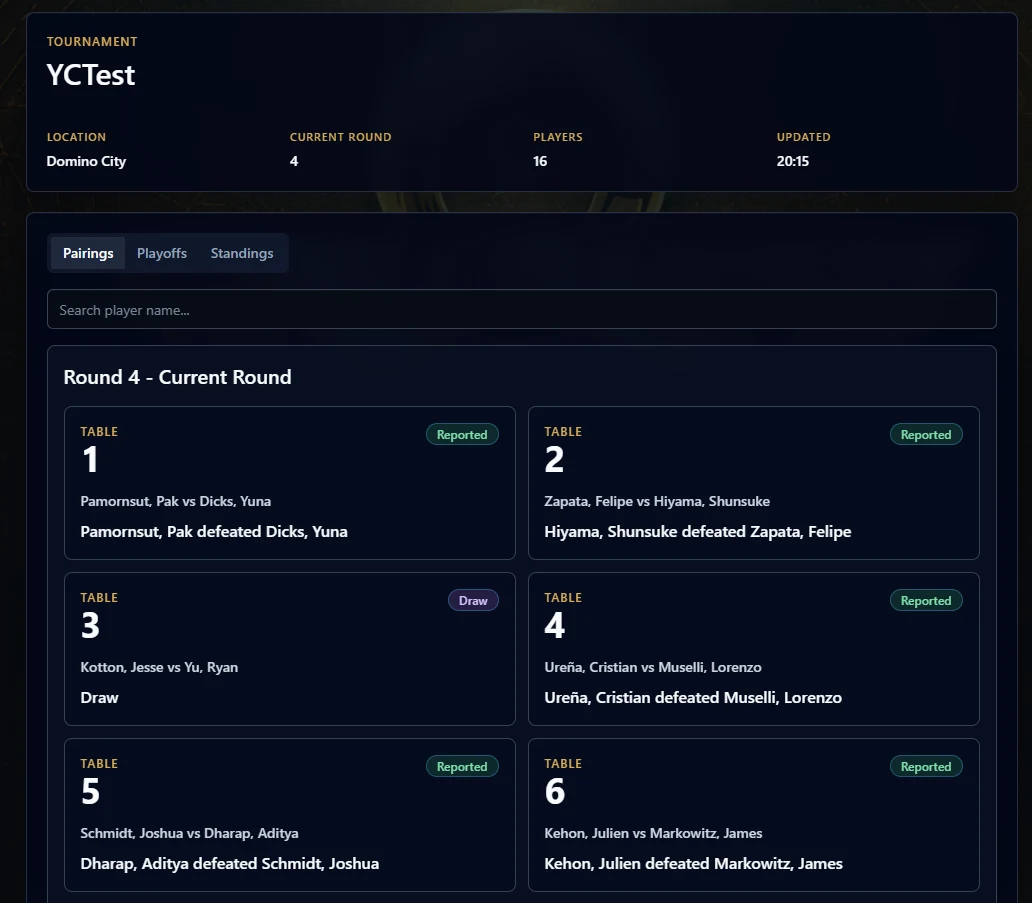 DuelSync public tournament page on desktop showing pairings for round 4