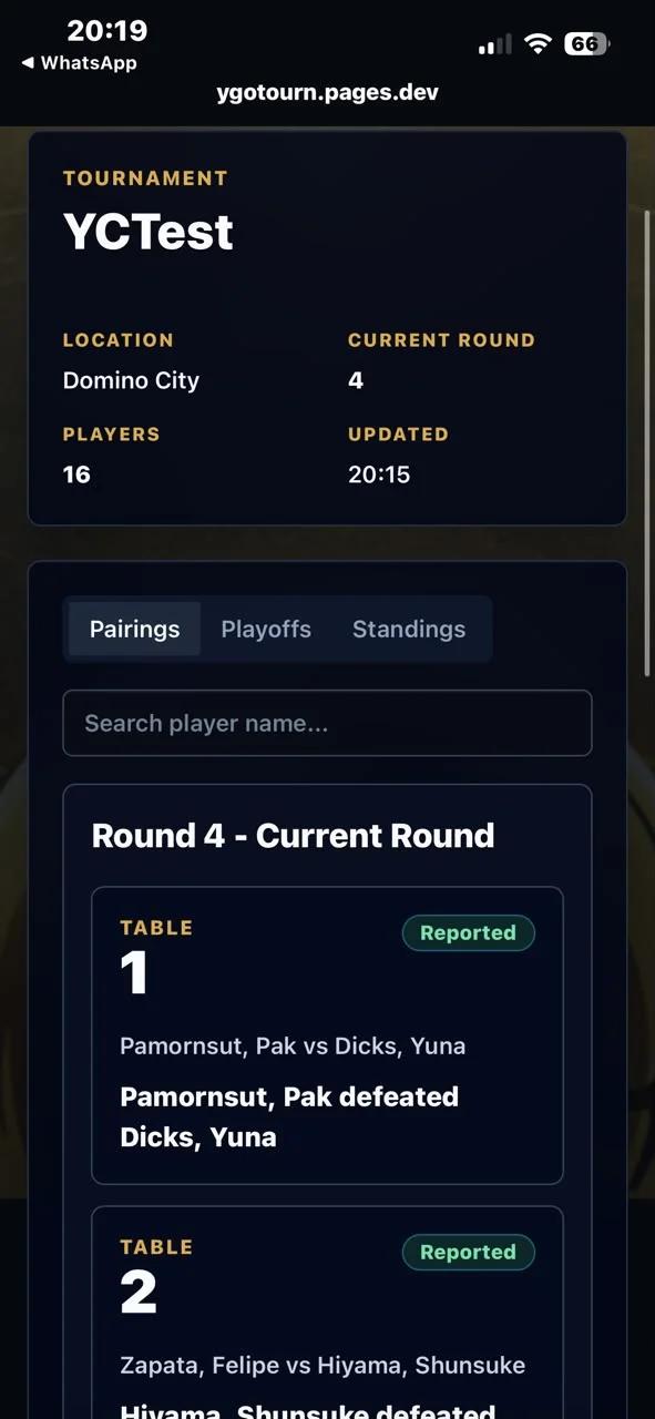 DuelSync public tournament page on mobile showing tournament info and pairings